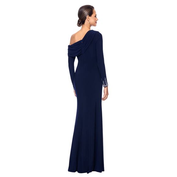 Betsy & Adam "Chrishell" Long Jersey Knit Off the Shoulder Gown Navy Size 8 NWT - Picture 4 of 13